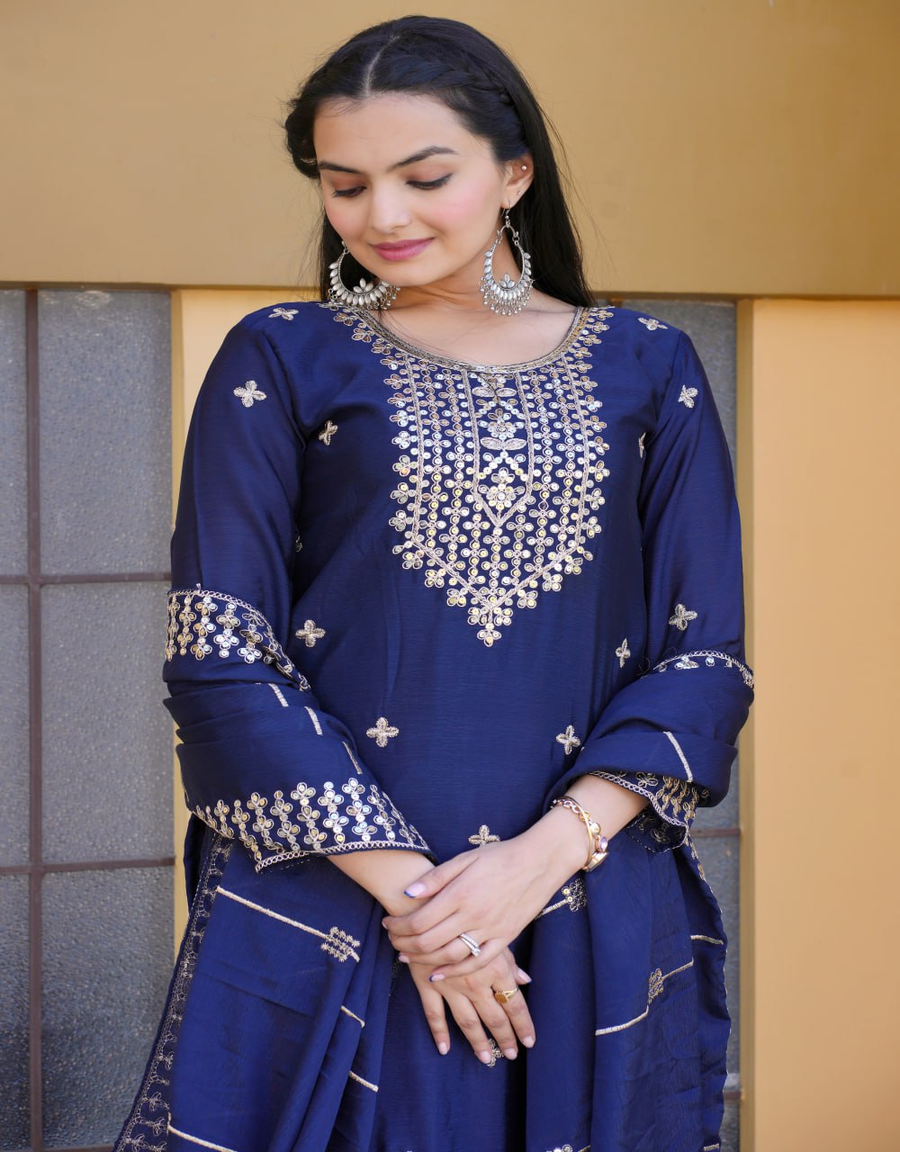 Elegant Heavy Sequence Embroidery Designer Chinon Suit