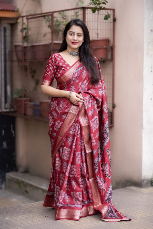 New Ajrakh Style Soft Cotton Silk Saree with Zari Pattu Border