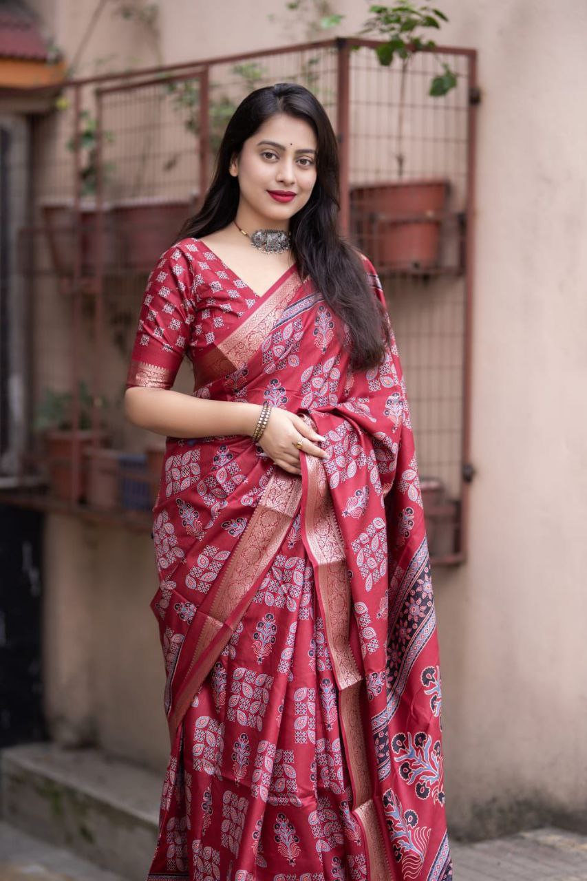 New Ajrakh Style Soft Cotton Silk Saree with Zari Pattu Border