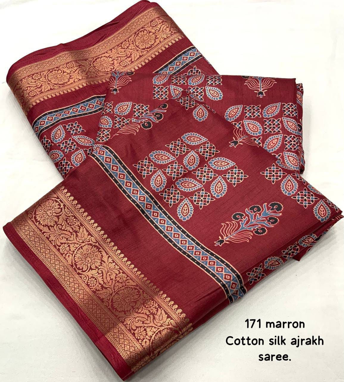 New Ajrakh Style Soft Cotton Silk Saree with Zari Pattu Border