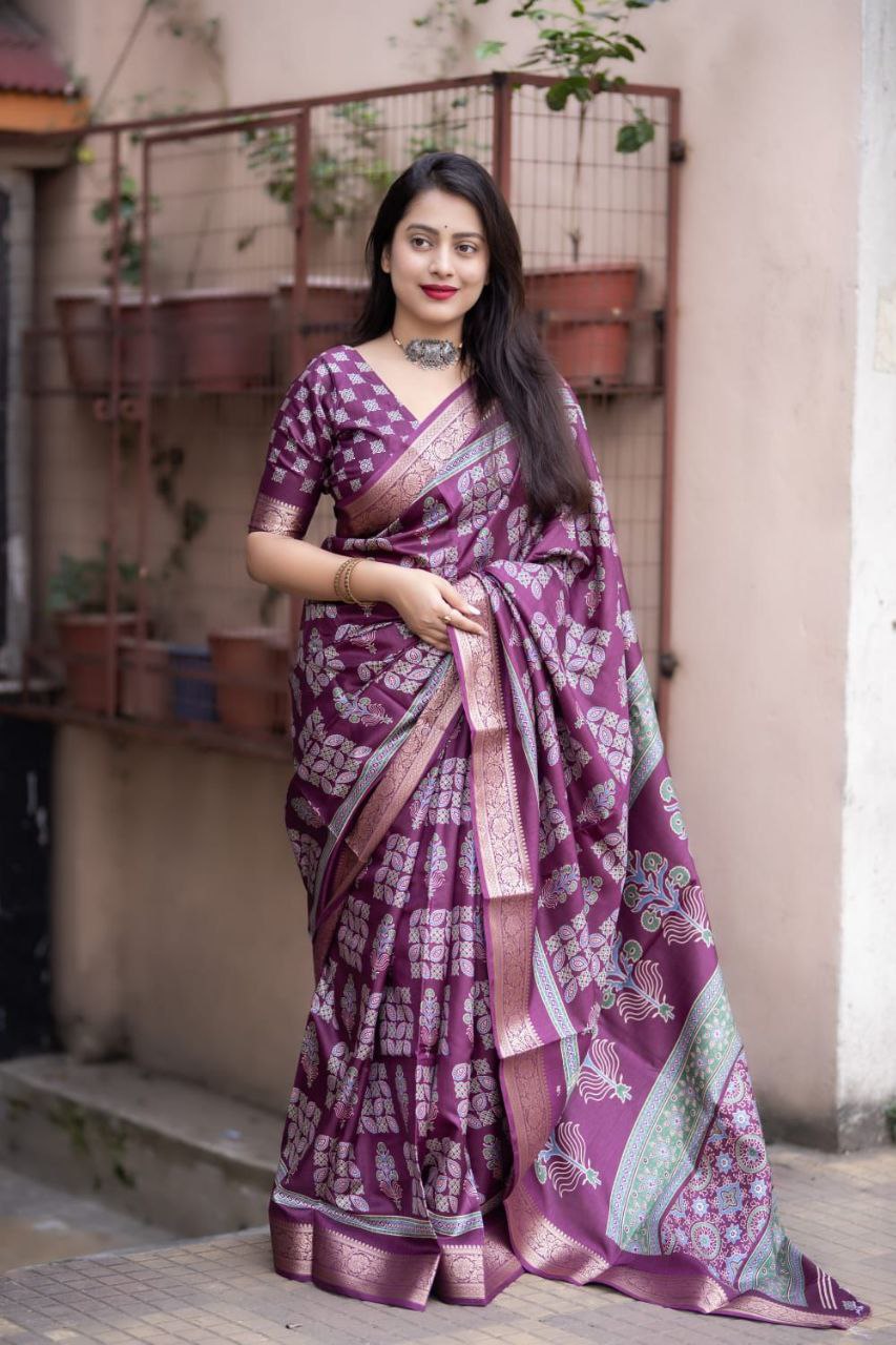 New Ajrakh Style Soft Cotton Silk Saree with Zari Pattu Border