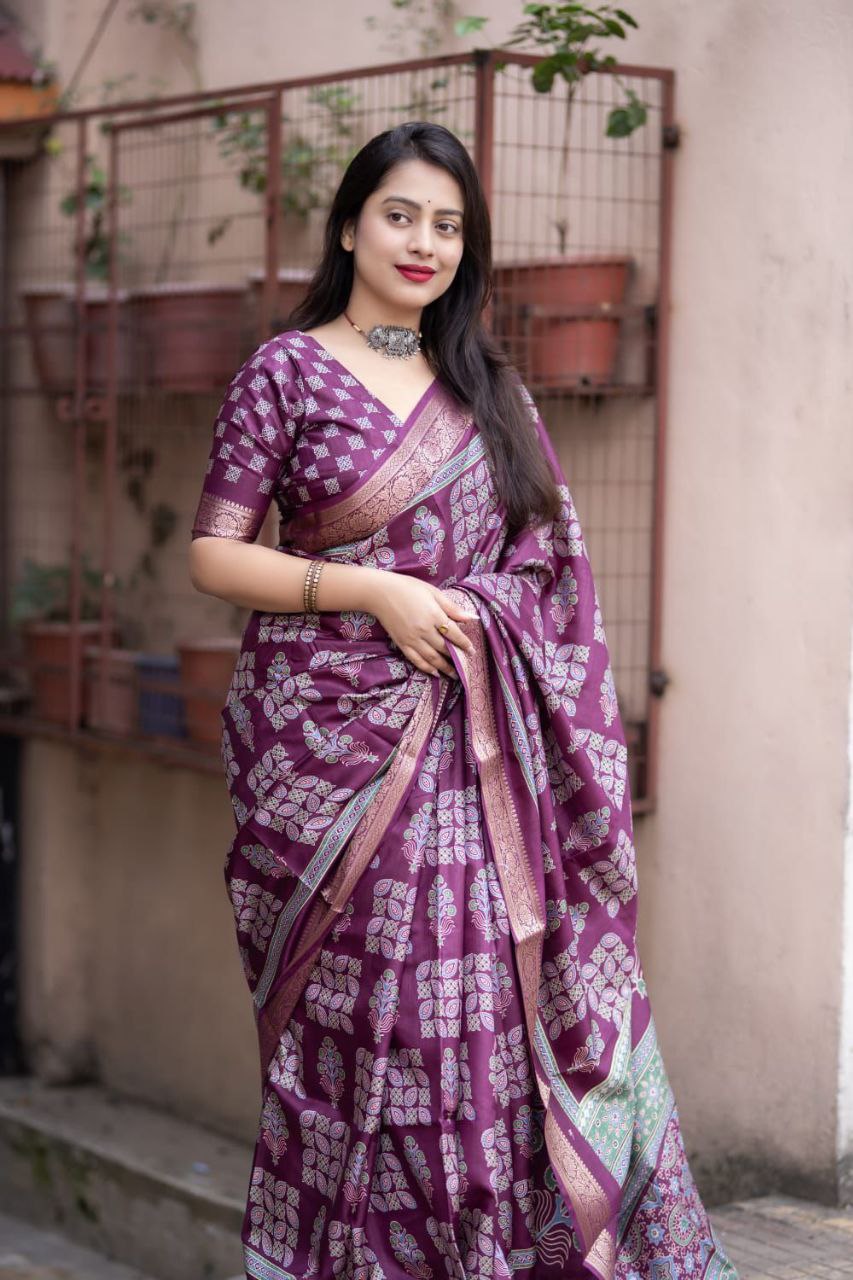 New Ajrakh Style Soft Cotton Silk Saree with Zari Pattu Border