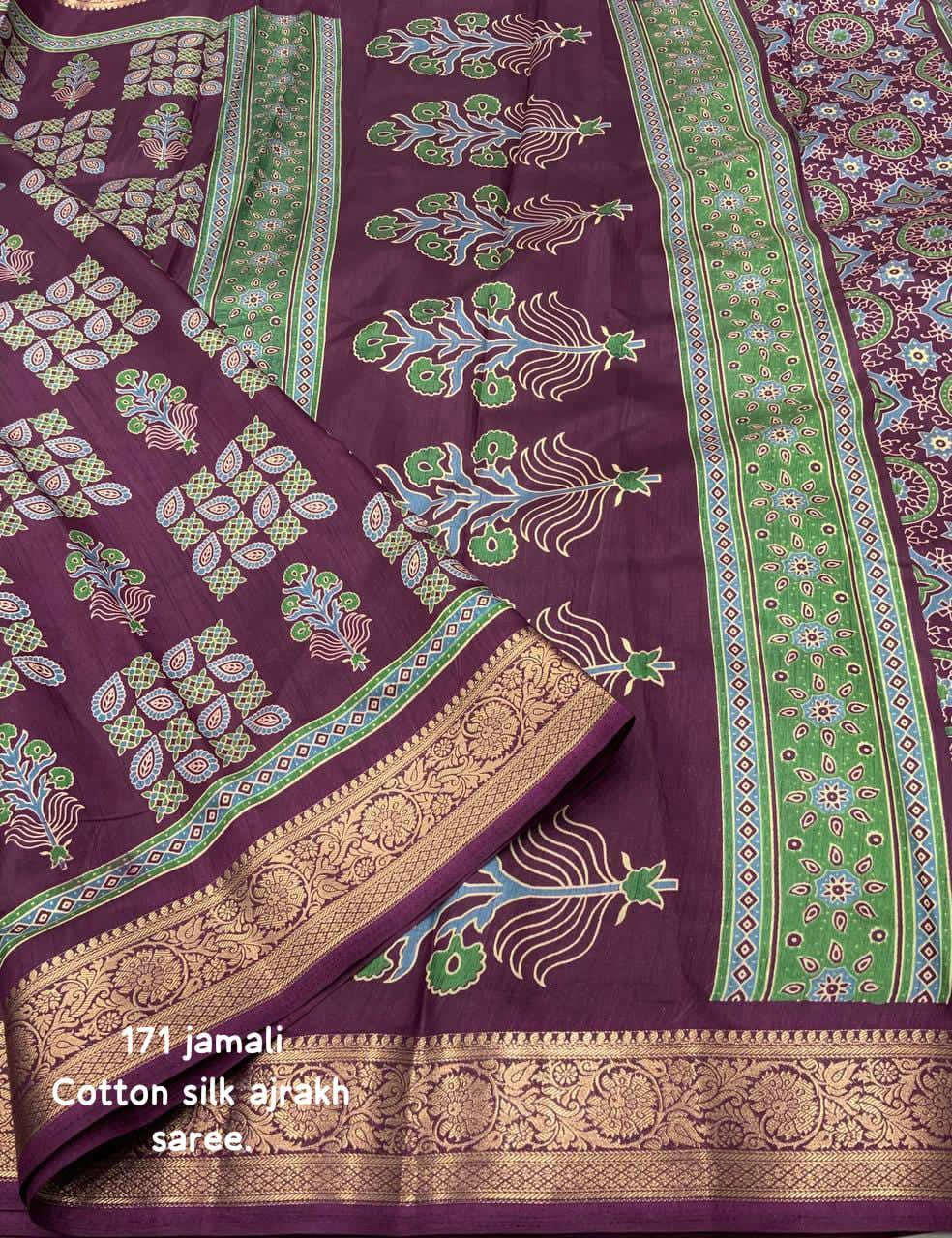 New Ajrakh Style Soft Cotton Silk Saree with Zari Pattu Border