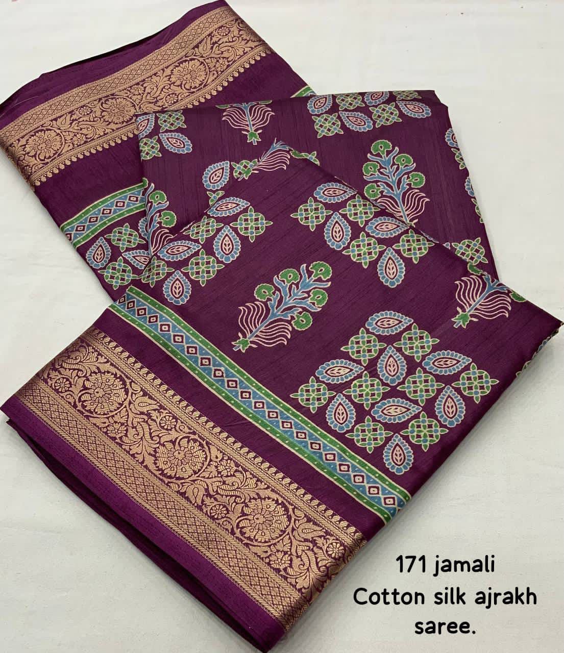 New Ajrakh Style Soft Cotton Silk Saree with Zari Pattu Border