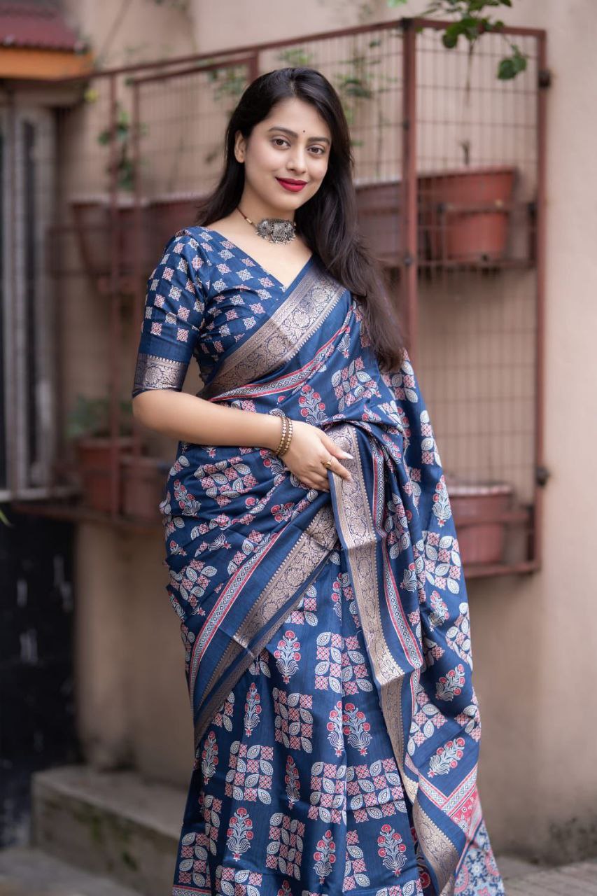 New Ajrakh Style Soft Cotton Silk Saree with Zari Pattu Border