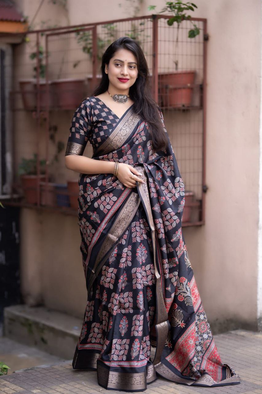 New Ajrakh Style Soft Cotton Silk Saree with Zari Pattu Border