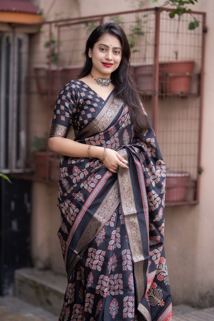 New Ajrakh Style Soft Cotton Silk Saree with Zari Pattu Border