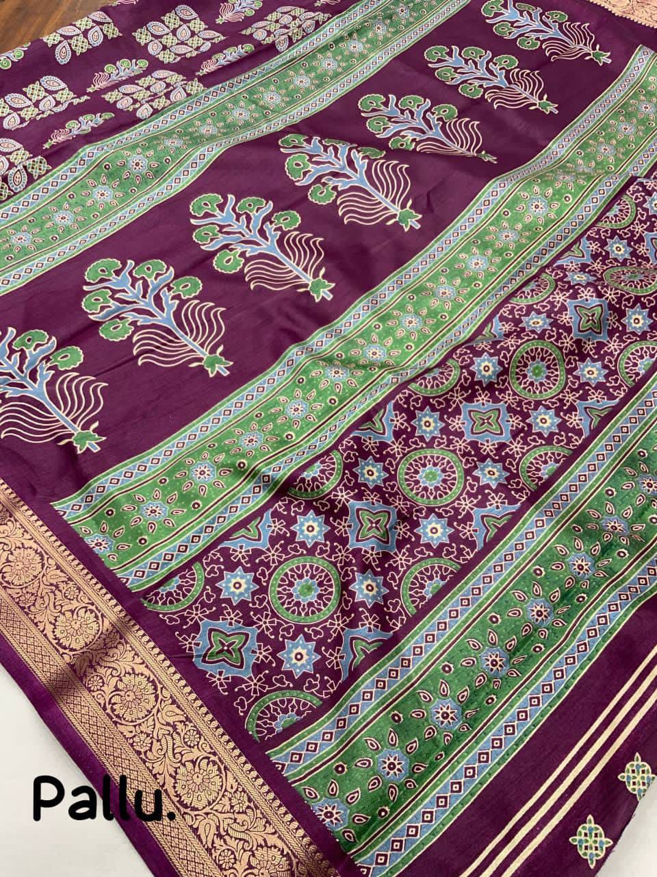 New Ajrakh Style Soft Cotton Silk Saree with Zari Pattu Border