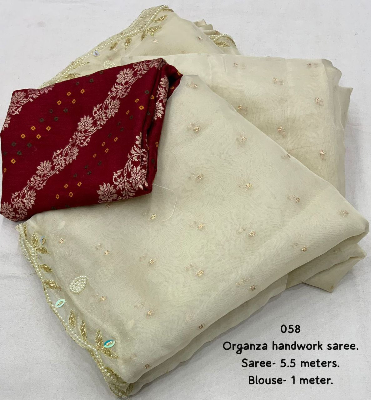 Premium Organza Butti Hand Work Saree with Golden Zari & Tie-Dye Banarasi Silk Blouse