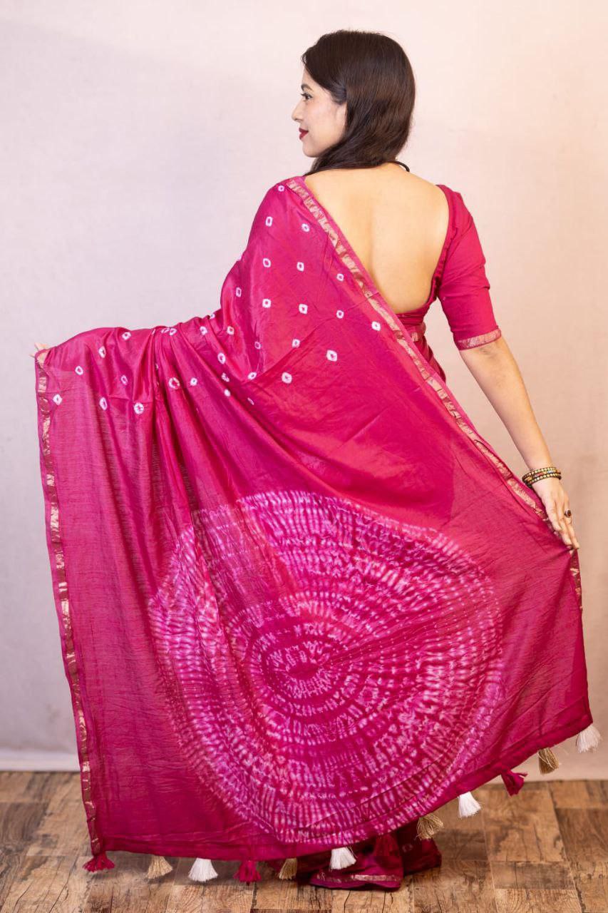 Pure Chanderi Cotton Hand Tie Bandhani Saree with Aari Mirror Work Blouse