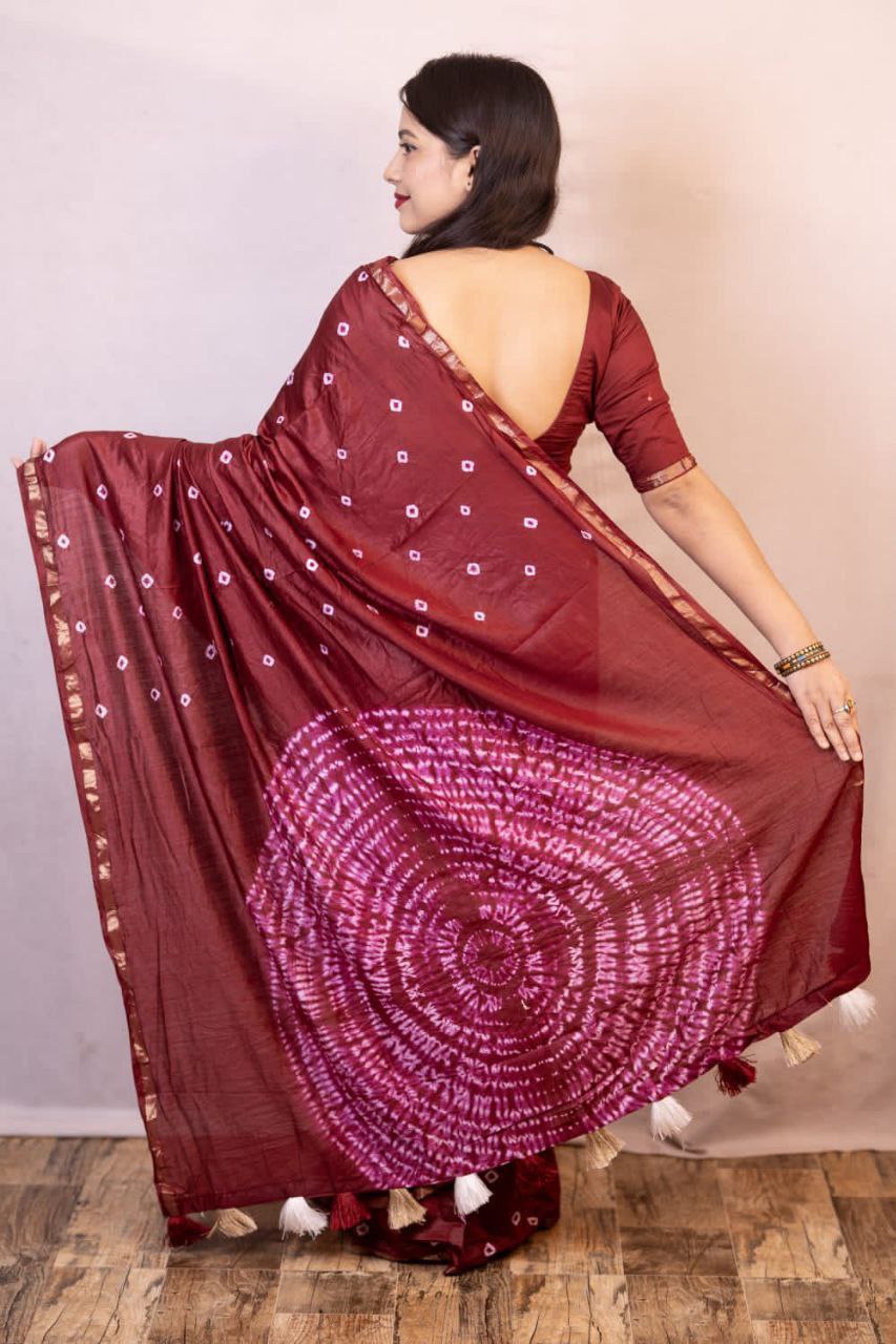 Pure Chanderi Cotton Hand Tie Bandhani Saree with Aari Mirror Work Blouse