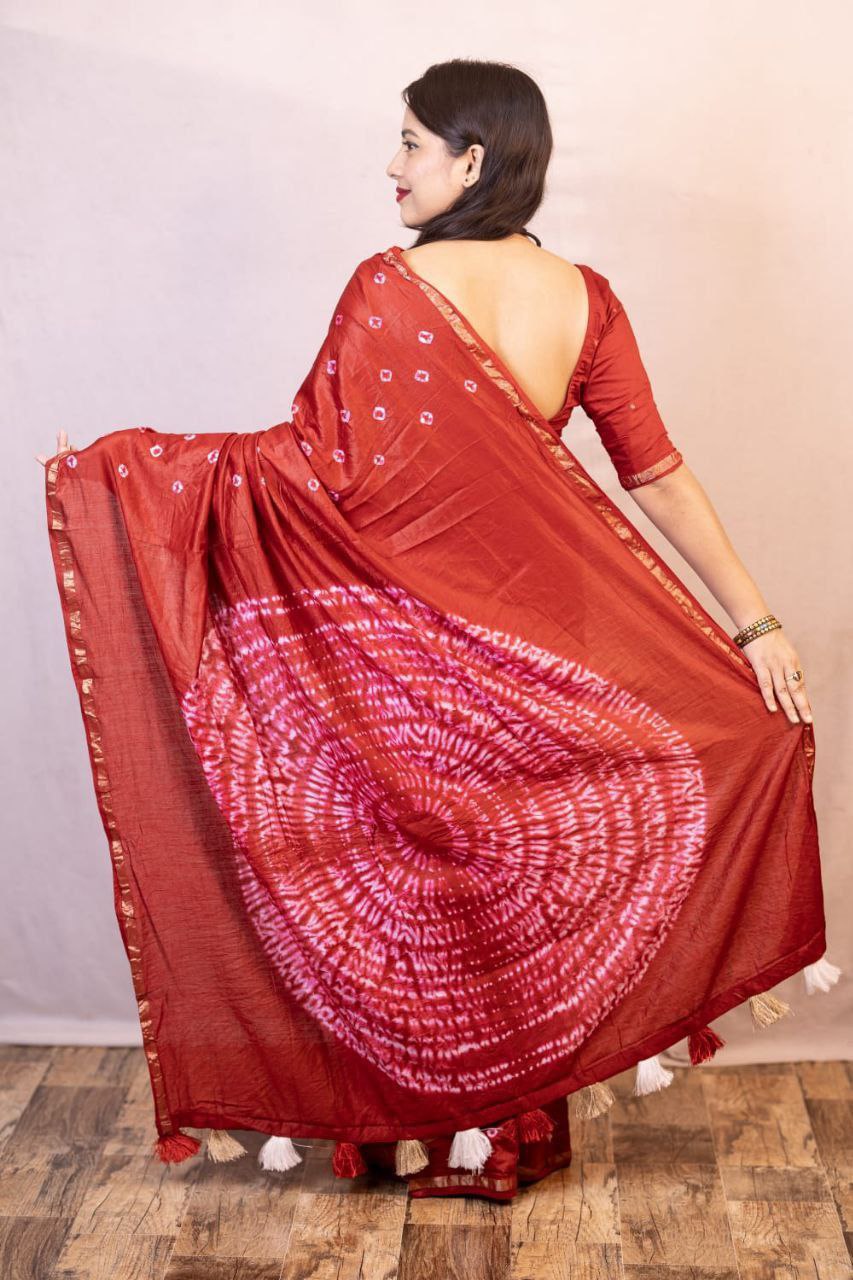 Pure Chanderi Cotton Hand Tie Bandhani Saree with Aari Mirror Work Blouse