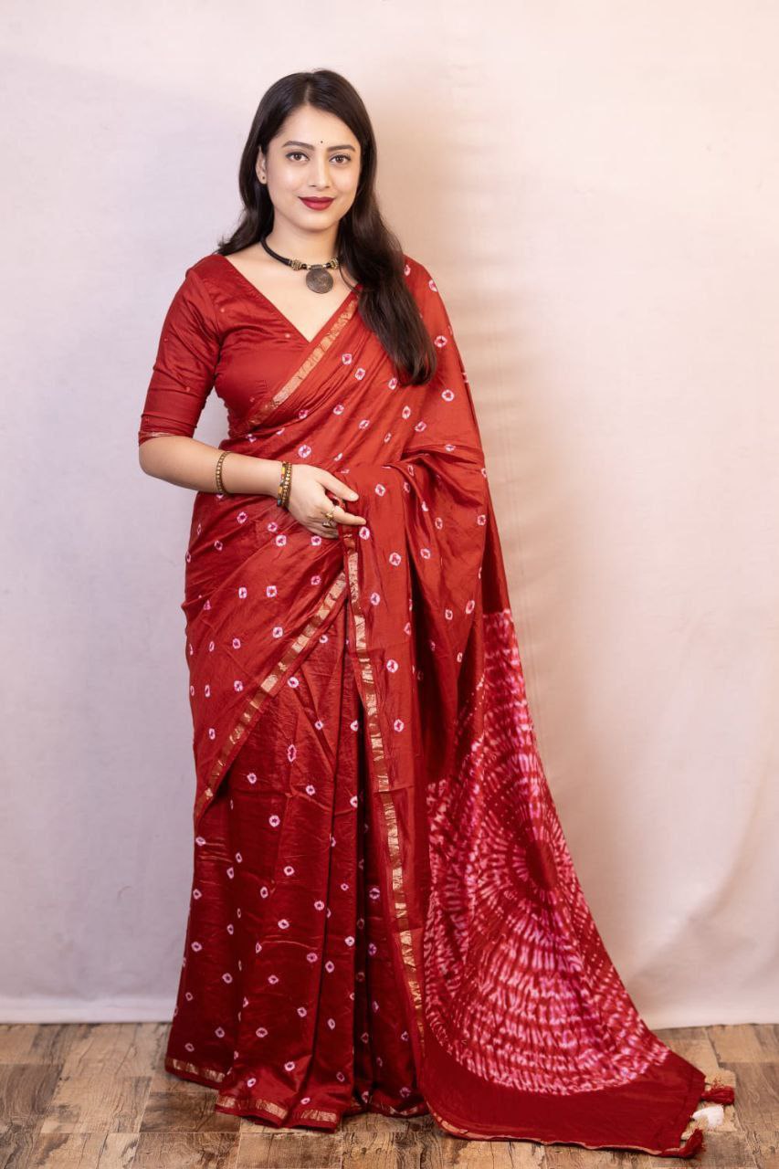 Pure Chanderi Cotton Hand Tie Bandhani Saree with Aari Mirror Work Blouse