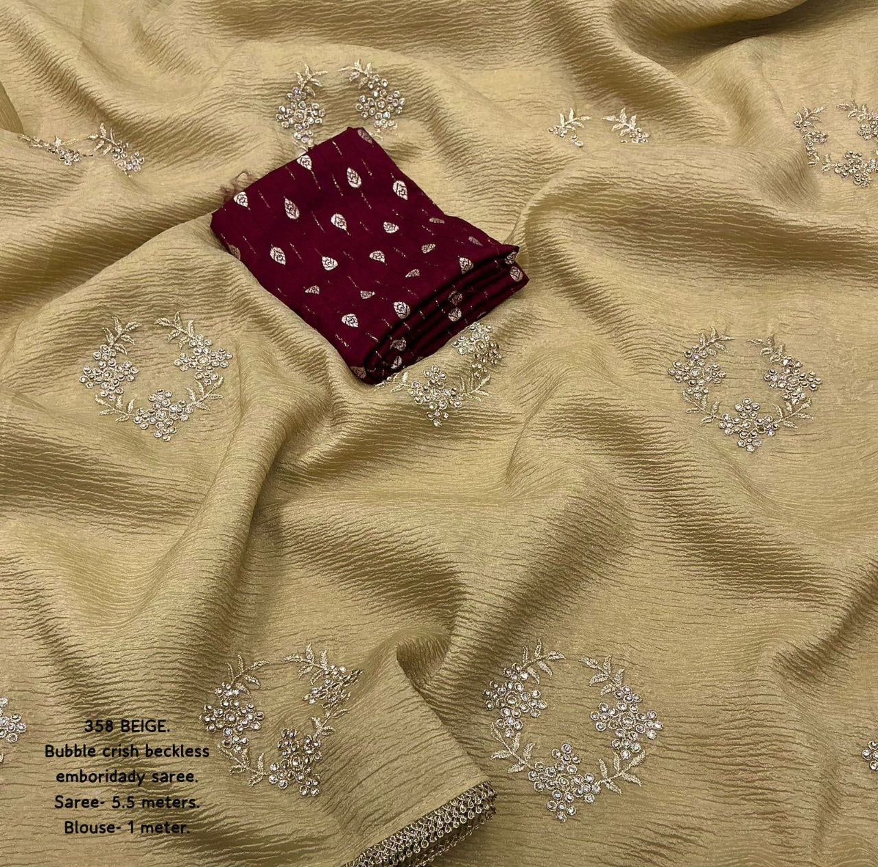 Premium Soft Beige Bubble Crush Saree with Banarasi Silk Zari Woven Blouse