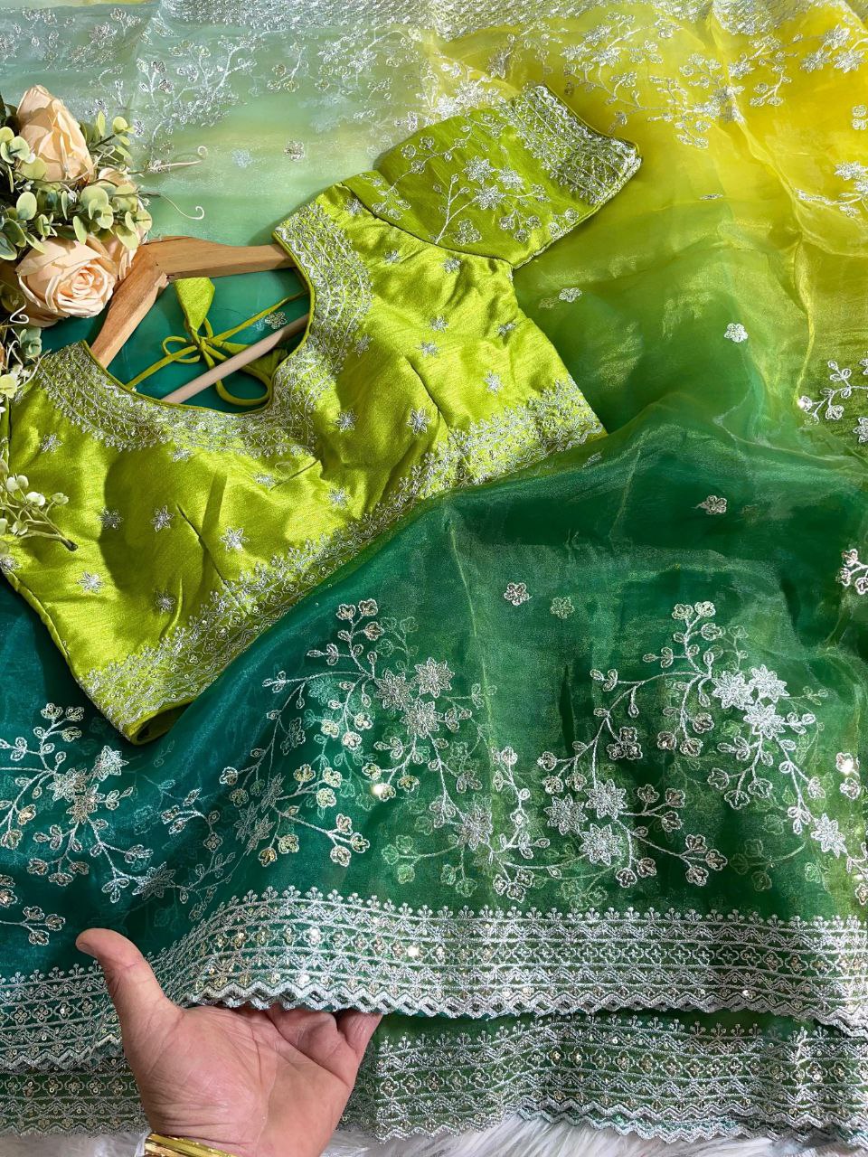 Pure Soft Organza Silk Saree with Prism Designs & Embroidery Panel Work