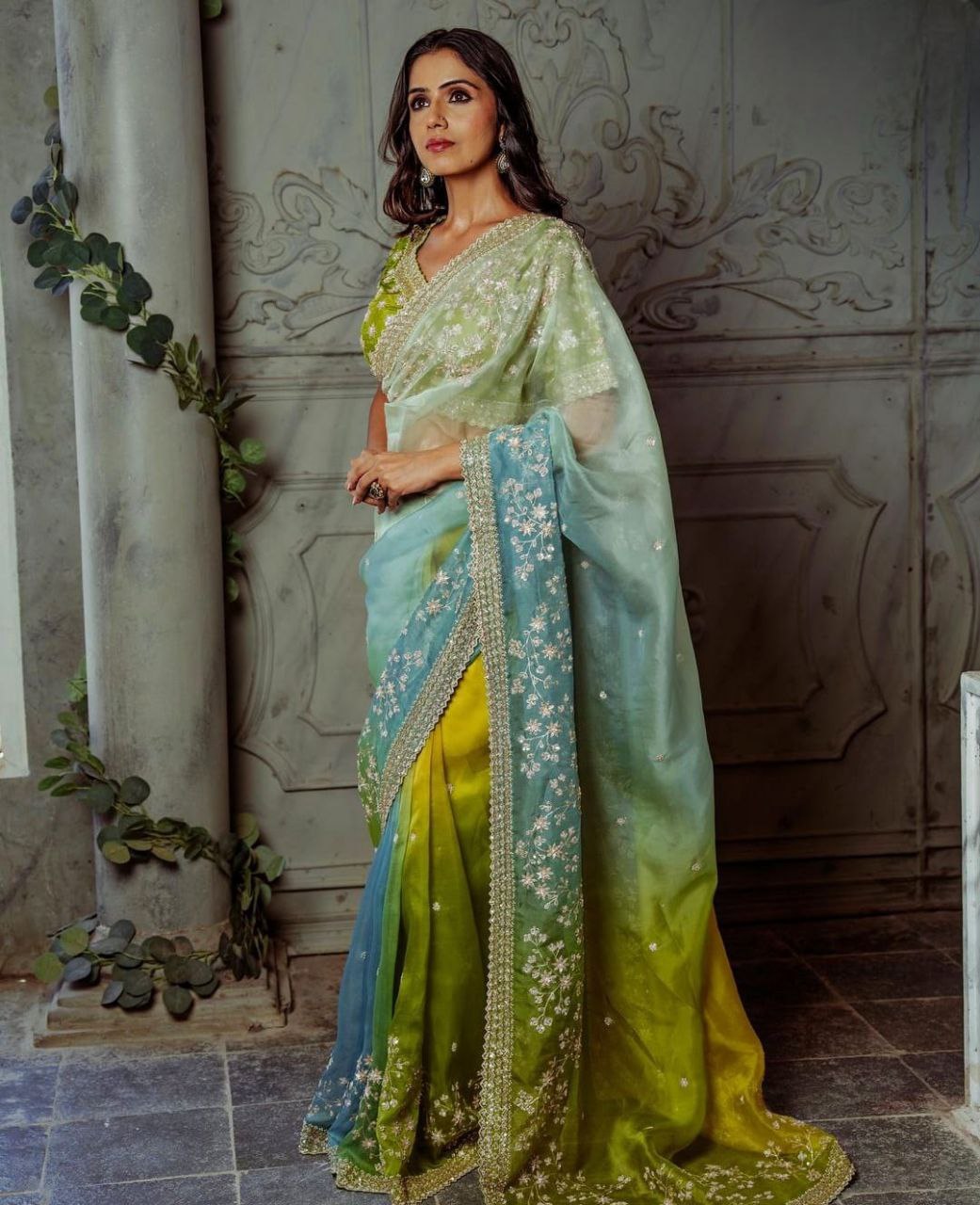 Pure Soft Organza Silk Saree with Prism Designs & Embroidery Panel Work