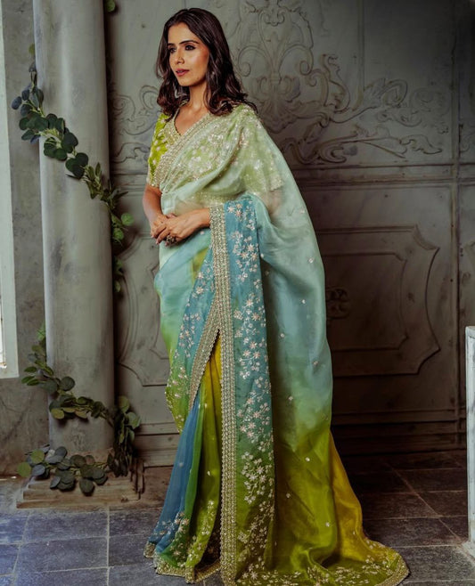 Pure Soft Organza Silk Saree with Prism Designs & Embroidery Panel Work