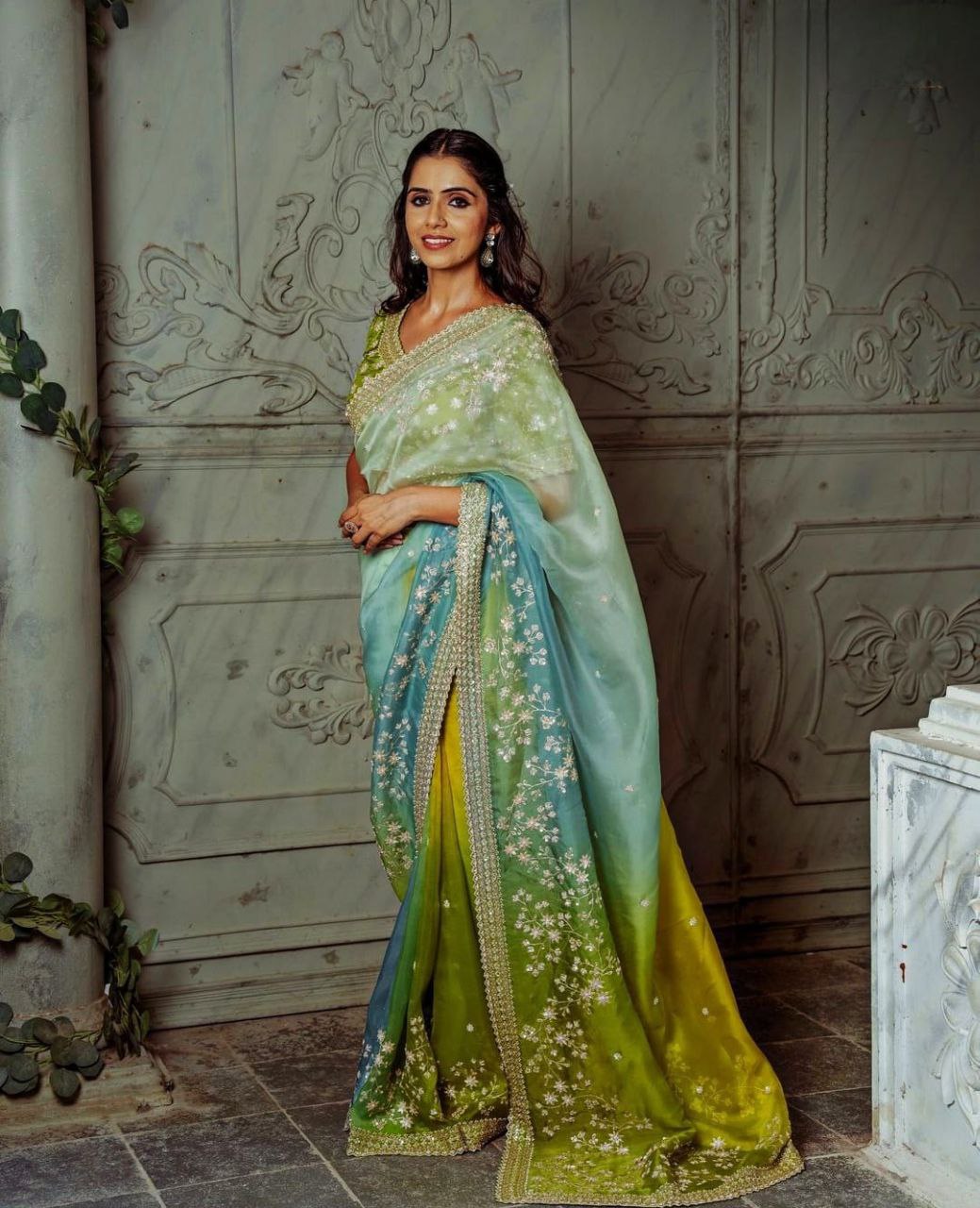 Pure Soft Organza Silk Saree with Prism Designs & Embroidery Panel Work