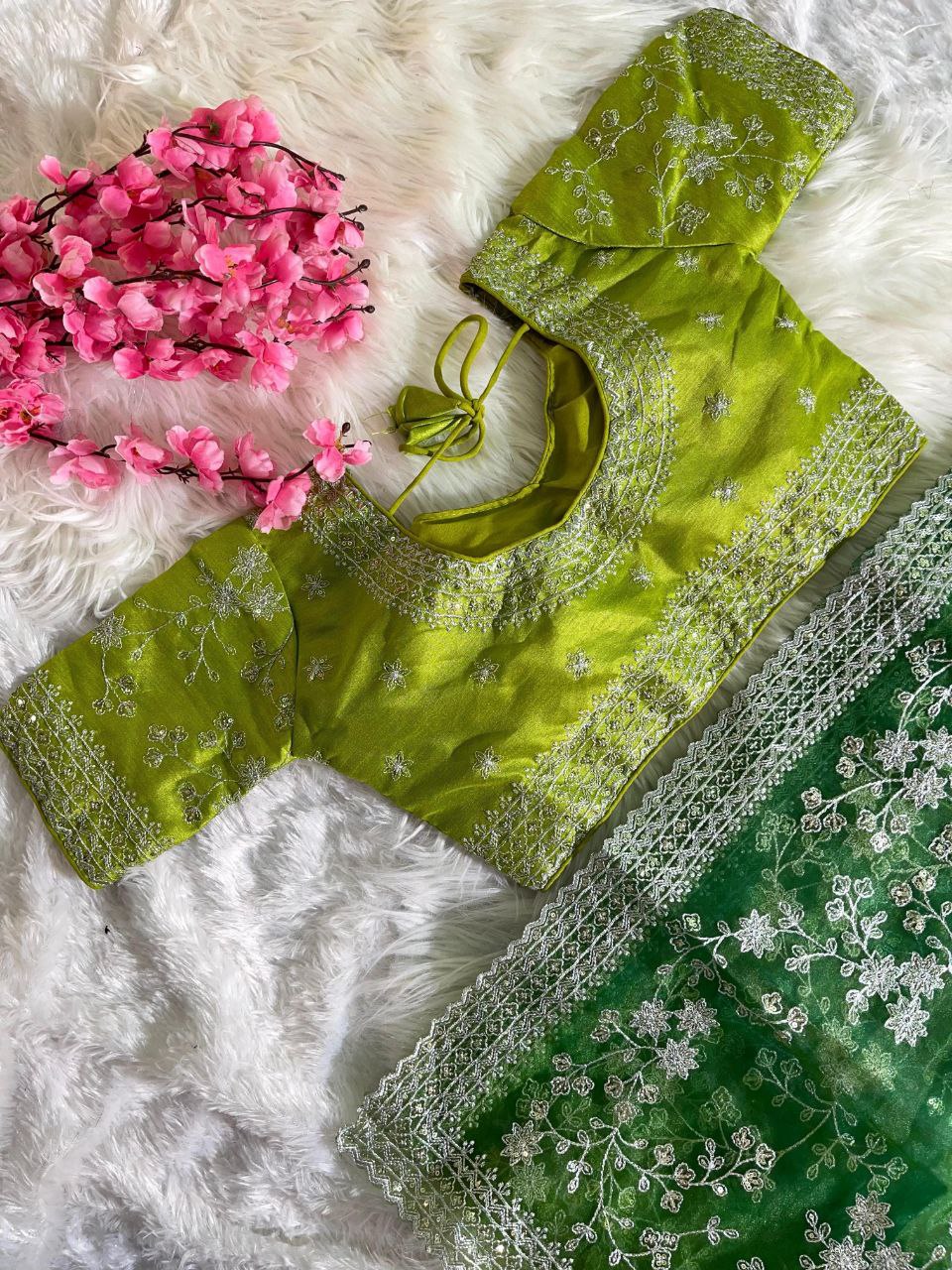 Pure Soft Organza Silk Saree with Prism Designs & Embroidery Panel Work