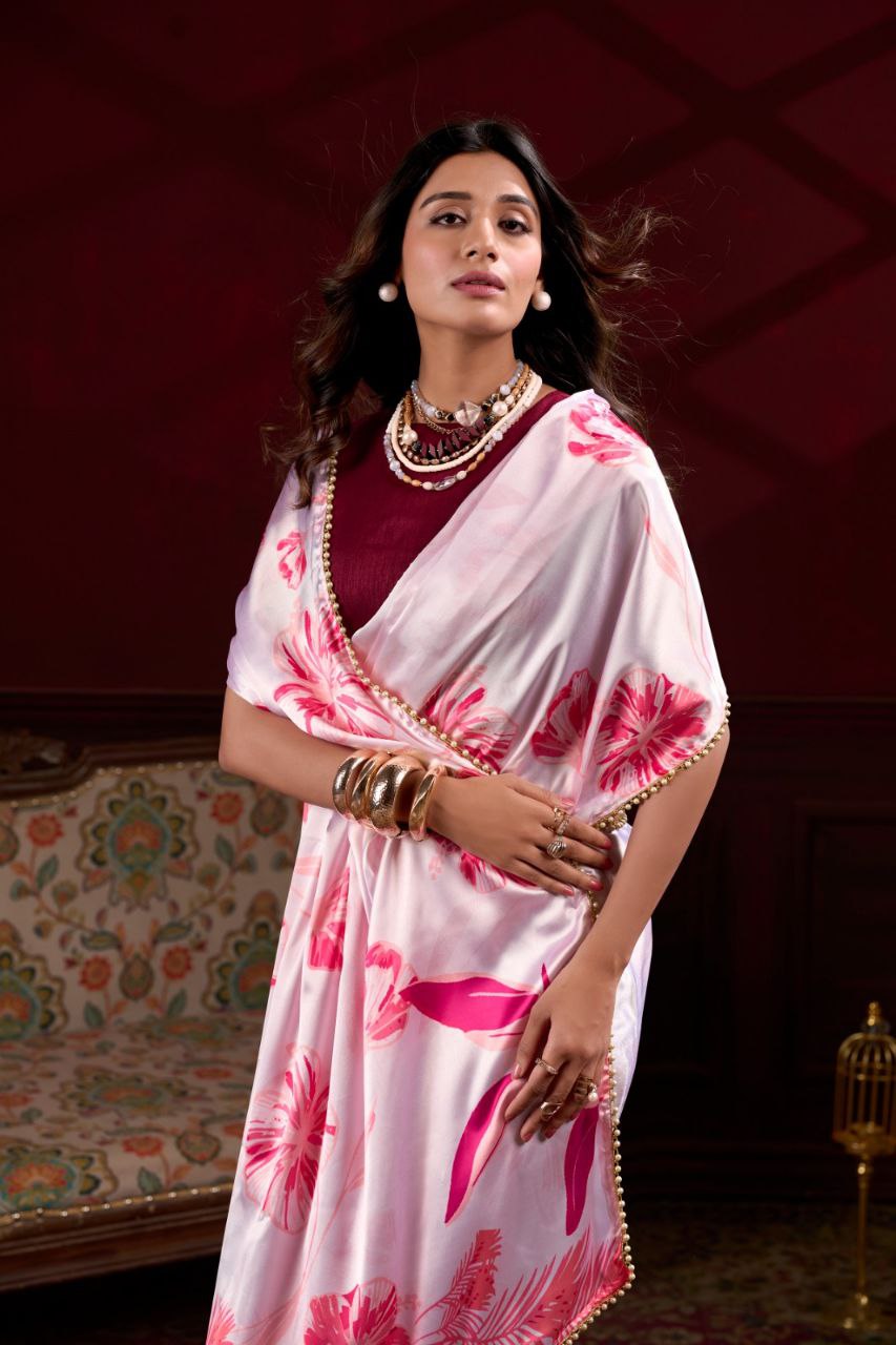 Pearl-Edged Floral Satin Saree with Elegant Pearl Lace Border