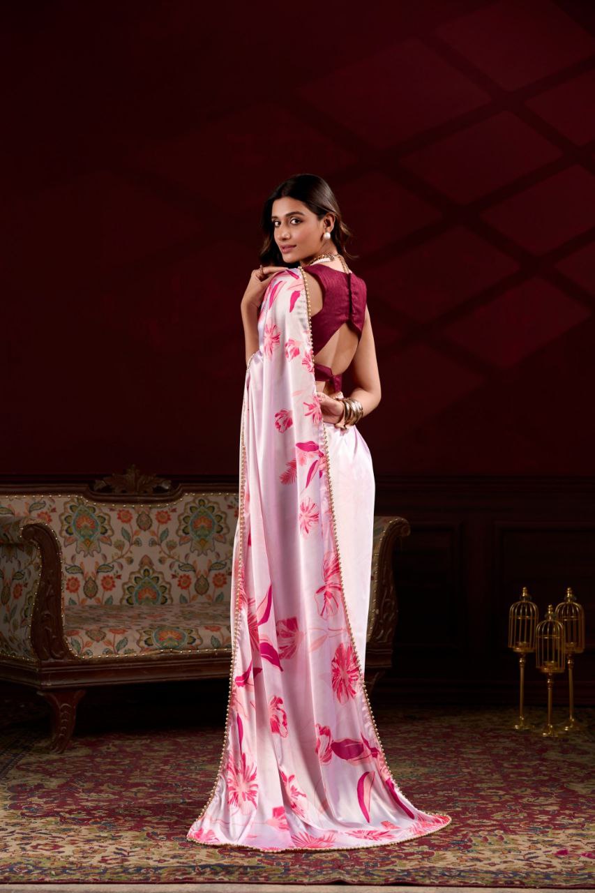 Pearl-Edged Floral Satin Saree with Elegant Pearl Lace Border