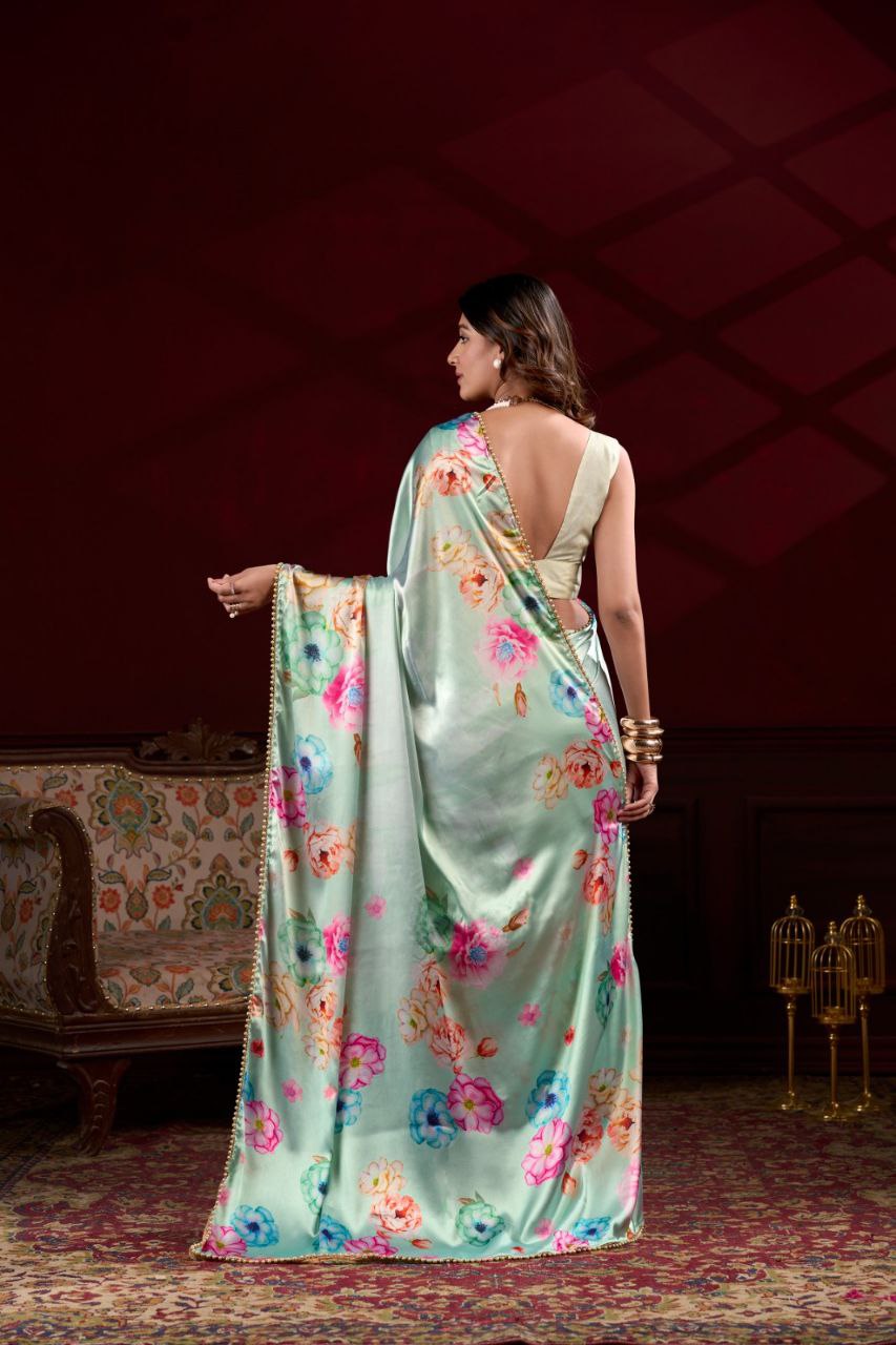 Pearl-Edged Floral Satin Saree with Elegant Pearl Lace Border