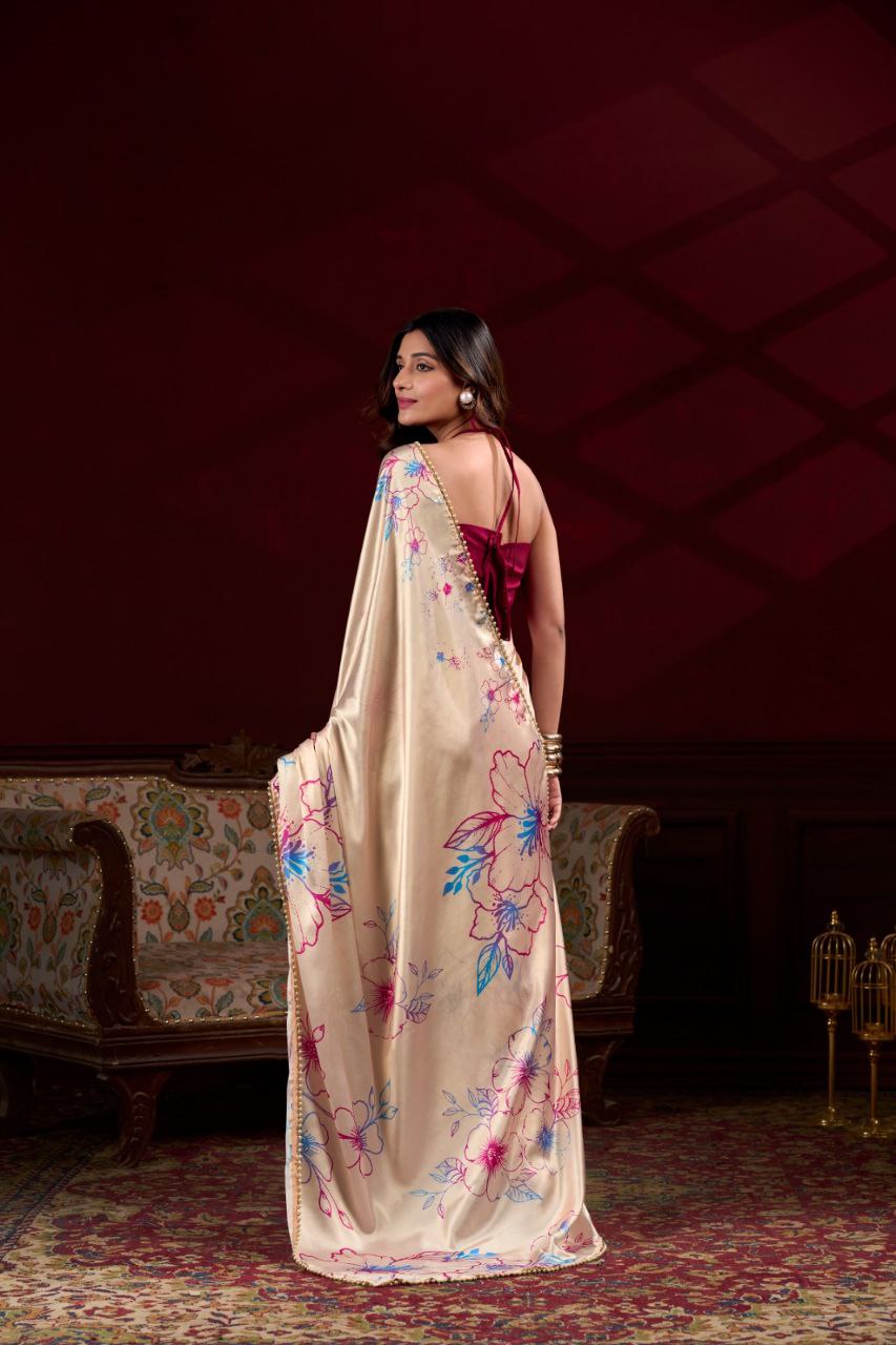 Pearl-Edged Floral Satin Saree with Elegant Pearl Lace Border