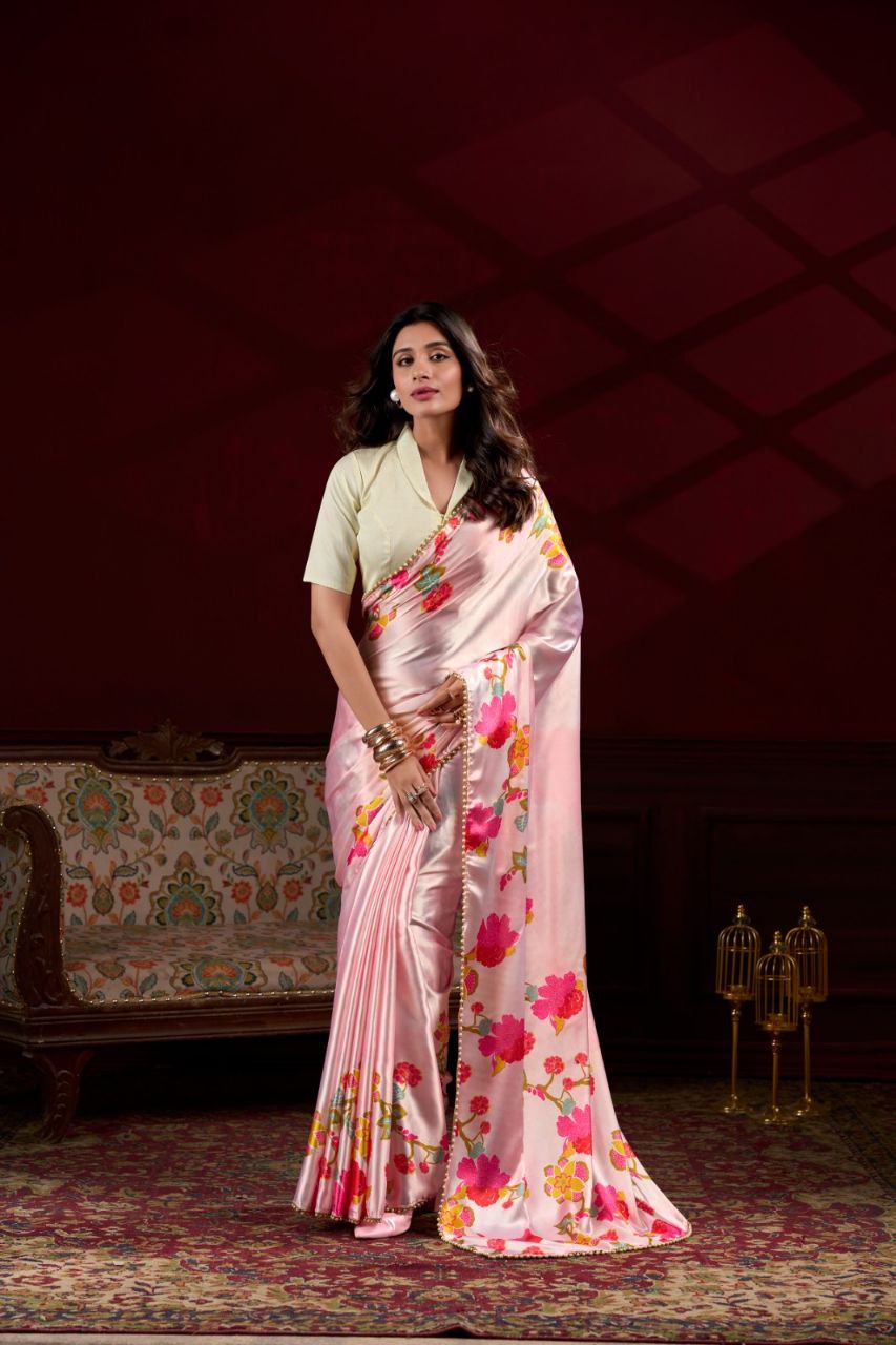 Pearl-Edged Floral Satin Saree with Elegant Pearl Lace Border