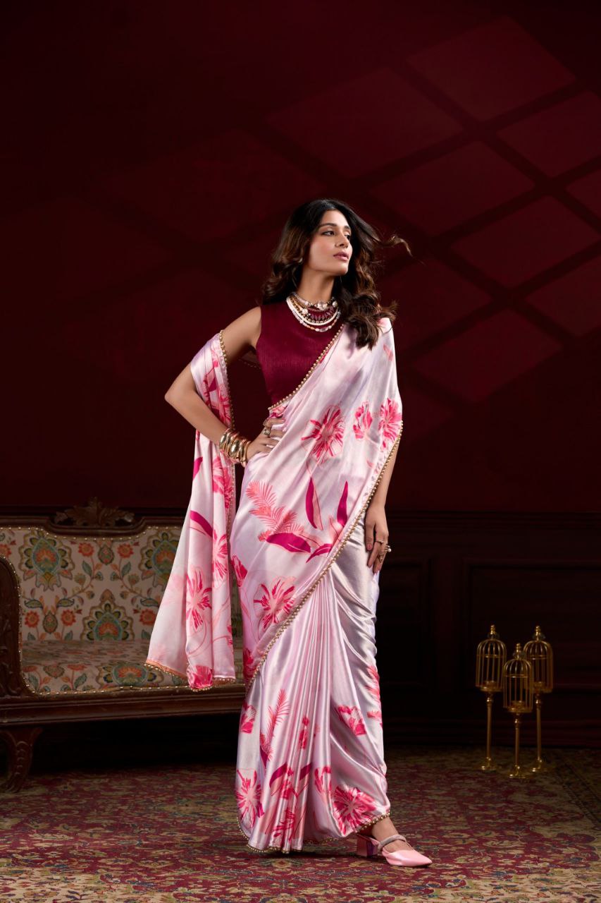 Pearl-Edged Floral Satin Saree with Elegant Pearl Lace Border