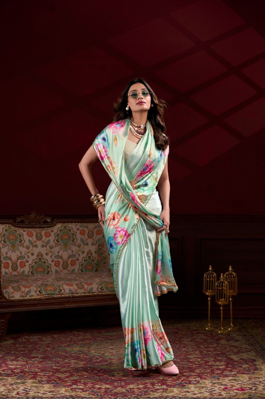 Pearl-Edged Floral Satin Saree with Elegant Pearl Lace Border