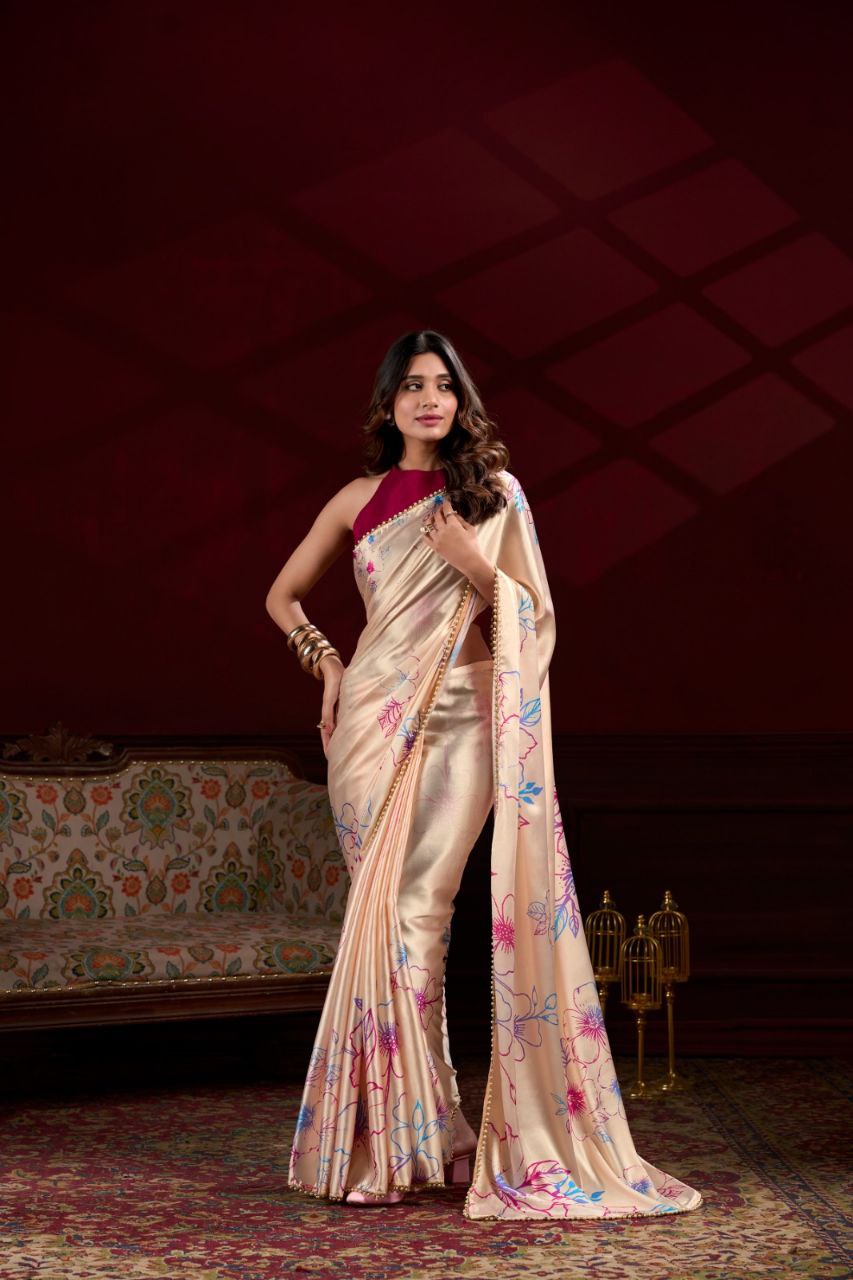 Pearl-Edged Floral Satin Saree with Elegant Pearl Lace Border