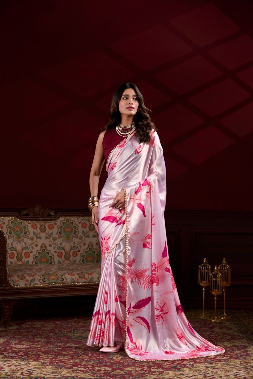 Pearl-Edged Floral Satin Saree with Elegant Pearl Lace Border