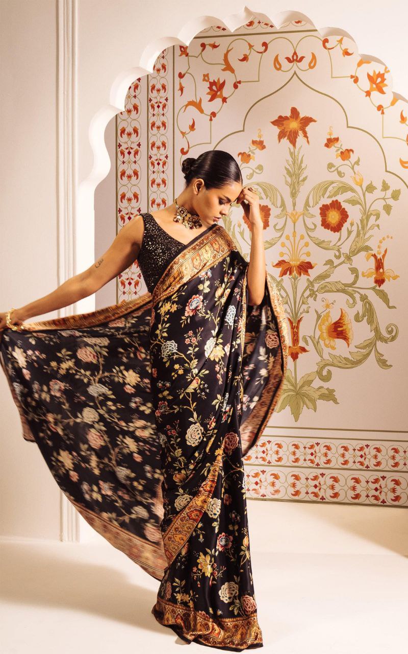 Premium Japan Satin SIlk Floral Printed  Saree with Blouse