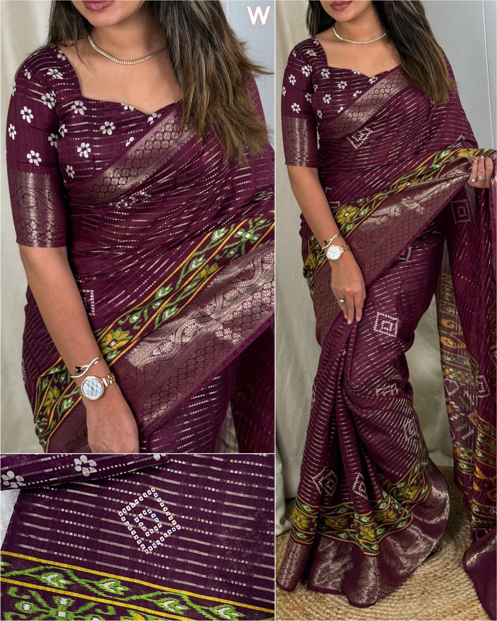 Elegant Ikkat  Bandhani Printed Zari Weaving Border Muslin Cotton Saree With Blouse