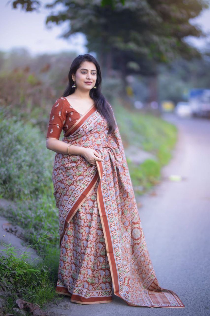 Ajrakh Printed Zari Woven Border  Cotton Saree with Blouse