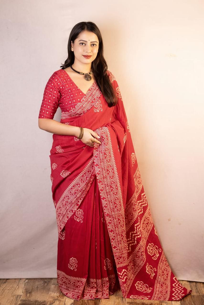 Soft Cotton Batik Print Saree with Banarasi Tie-Dye Blouse