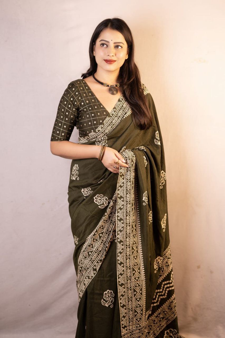 Soft Cotton Batik Print Saree with Banarasi Tie-Dye Blouse