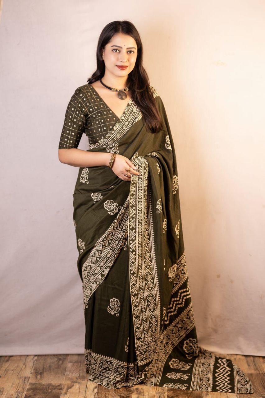 Soft Cotton Batik Print Saree with Banarasi Tie-Dye Blouse