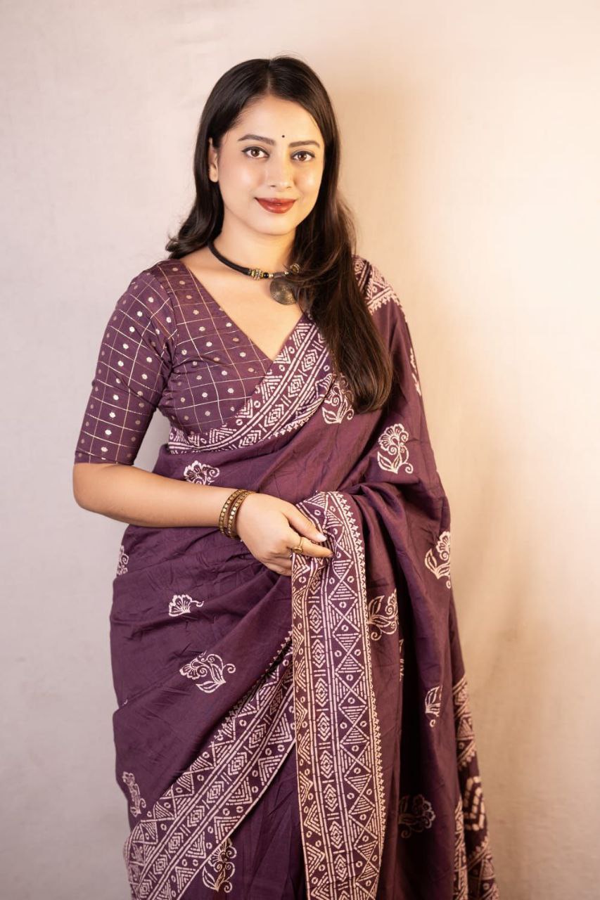 Soft Cotton Batik Print Saree with Banarasi Tie-Dye Blouse