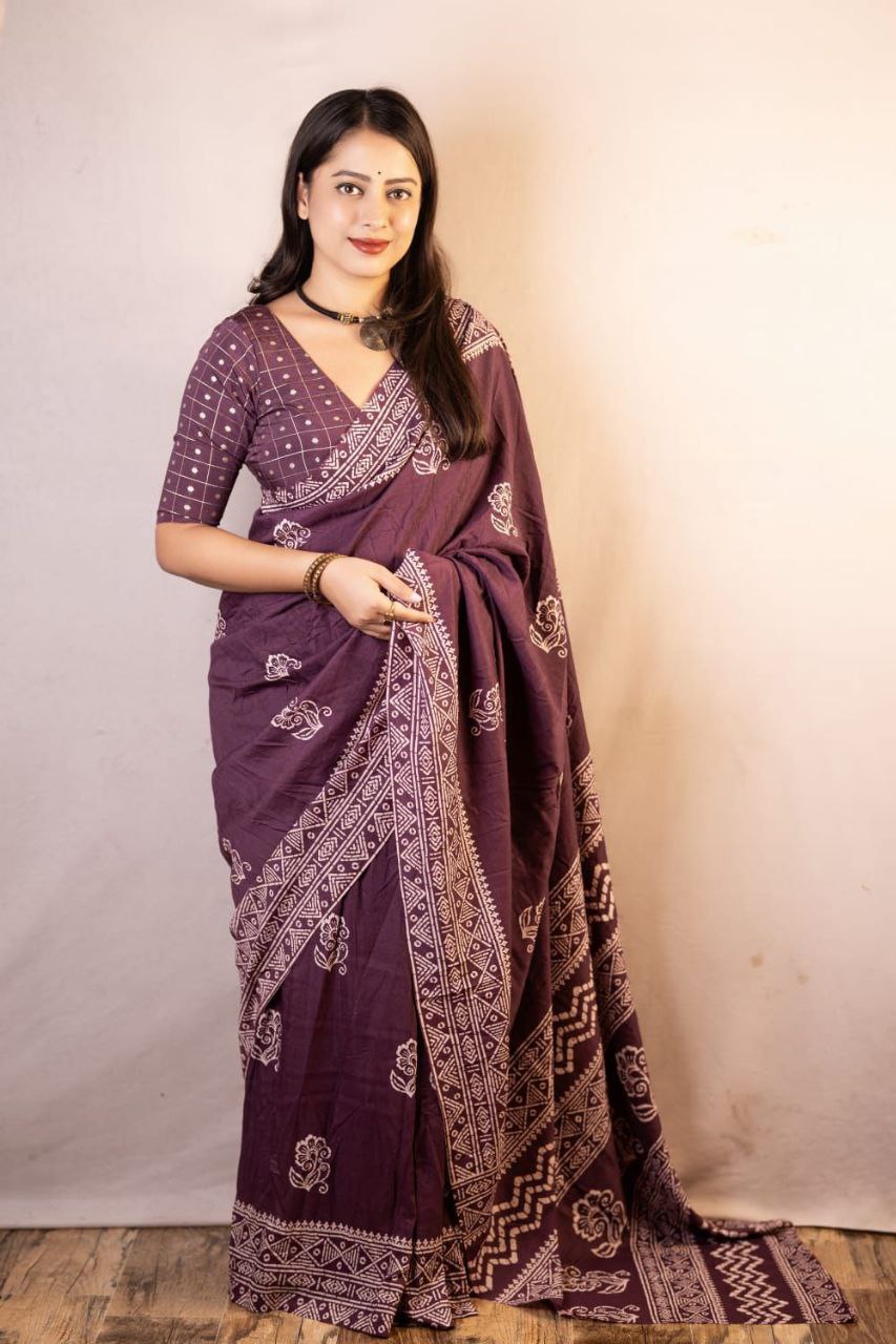 Soft Cotton Batik Print Saree with Banarasi Tie-Dye Blouse