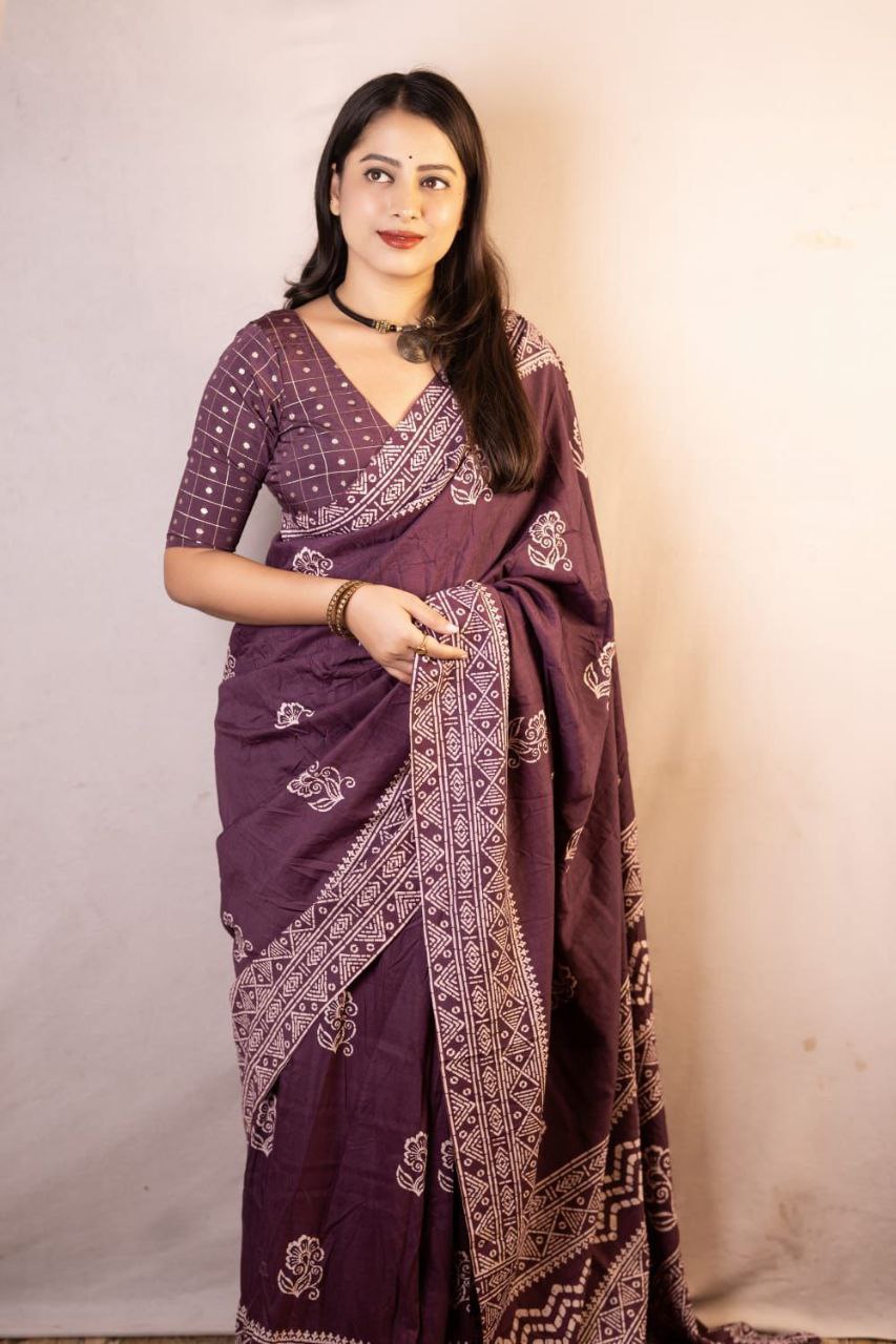 Soft Cotton Batik Print Saree with Banarasi Tie-Dye Blouse