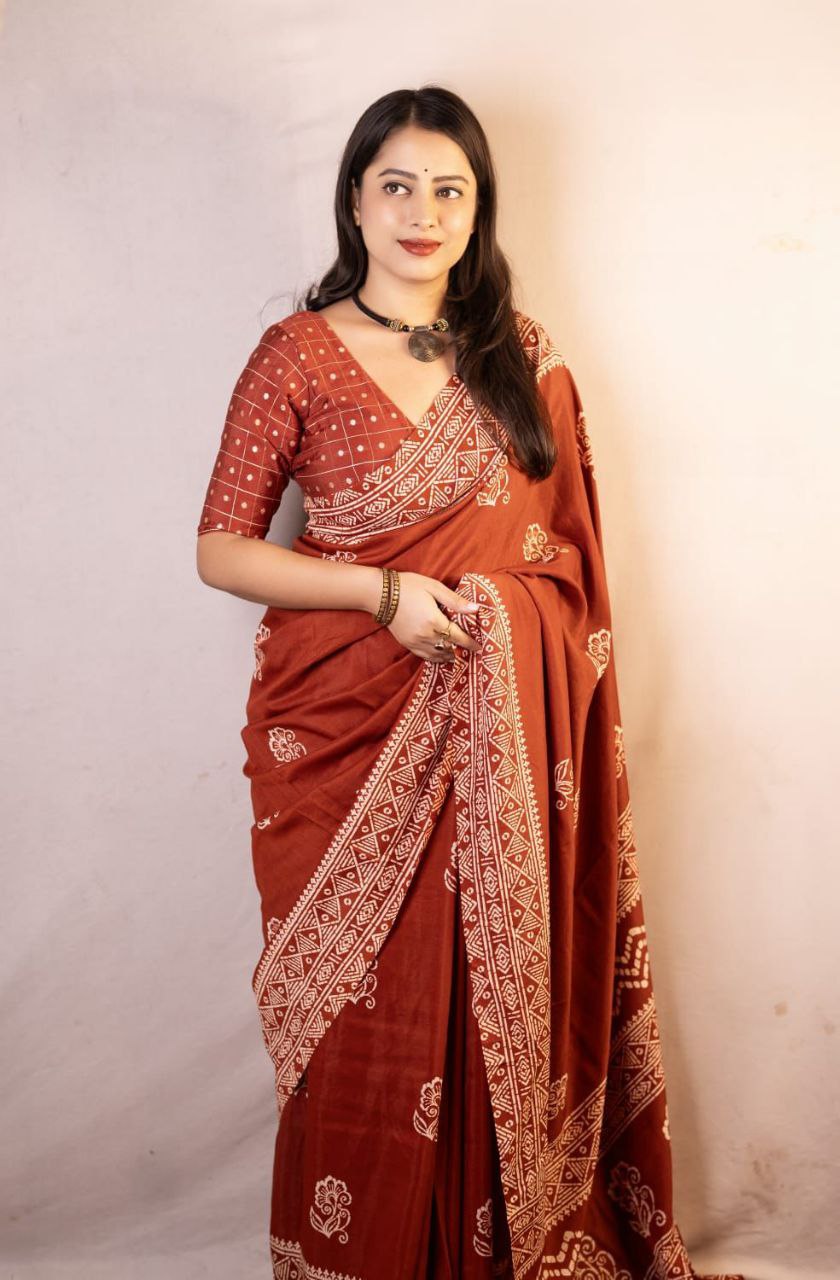 Soft Cotton Batik Print Saree with Banarasi Tie-Dye Blouse