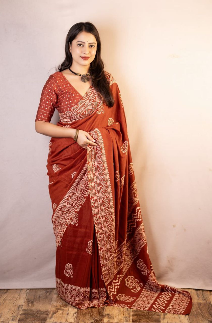 Soft Cotton Batik Print Saree with Banarasi Tie-Dye Blouse