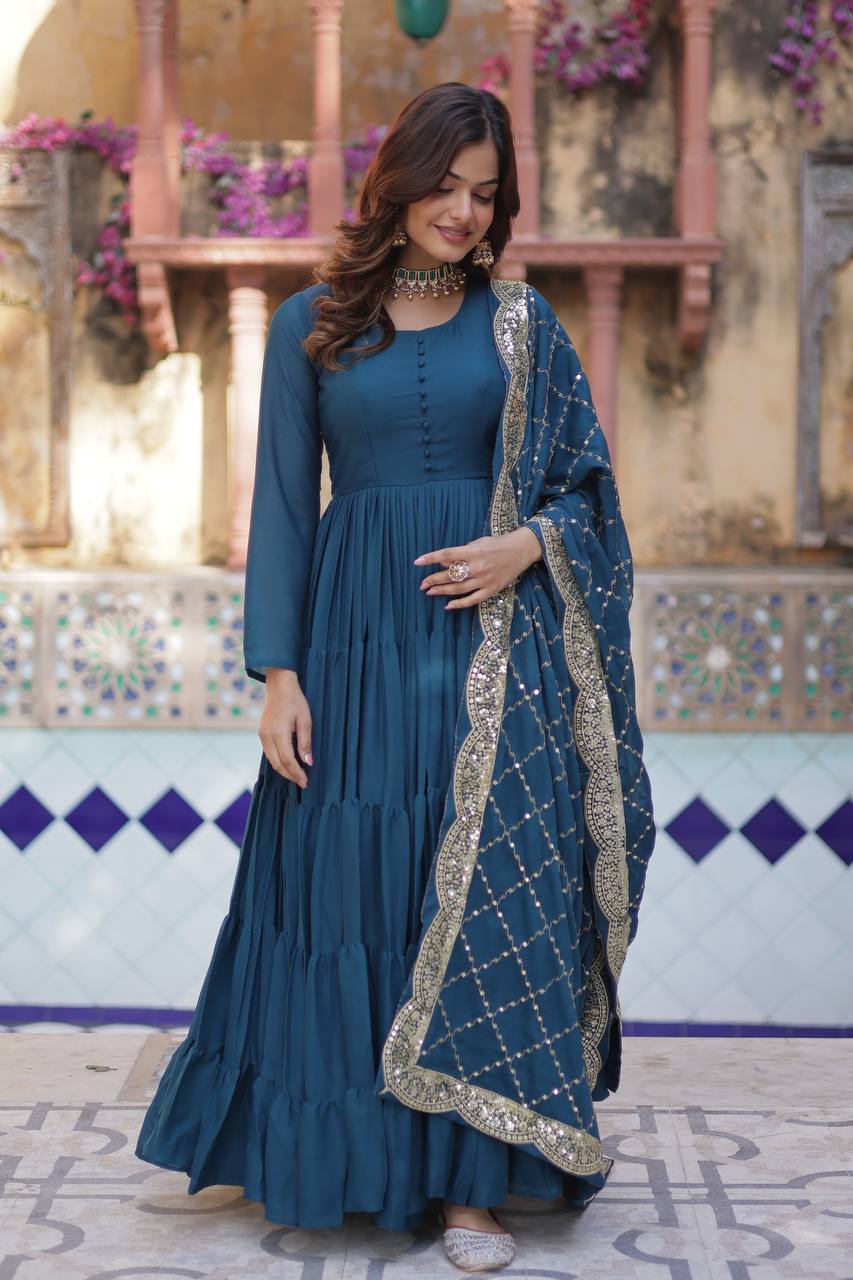 Premium ReadyMade Star Georgette Gown with Sequins Embroidered Dupatta