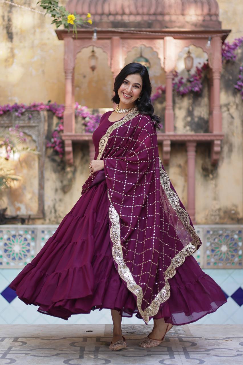 Premium ReadyMade Star Georgette Gown with Sequins Embroidered Dupatta