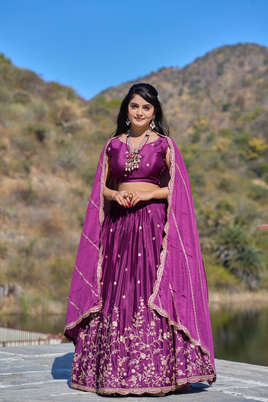 Women's embroidery thread and zari work Classical Embroidery heavy chinon fabric Lehenga Set