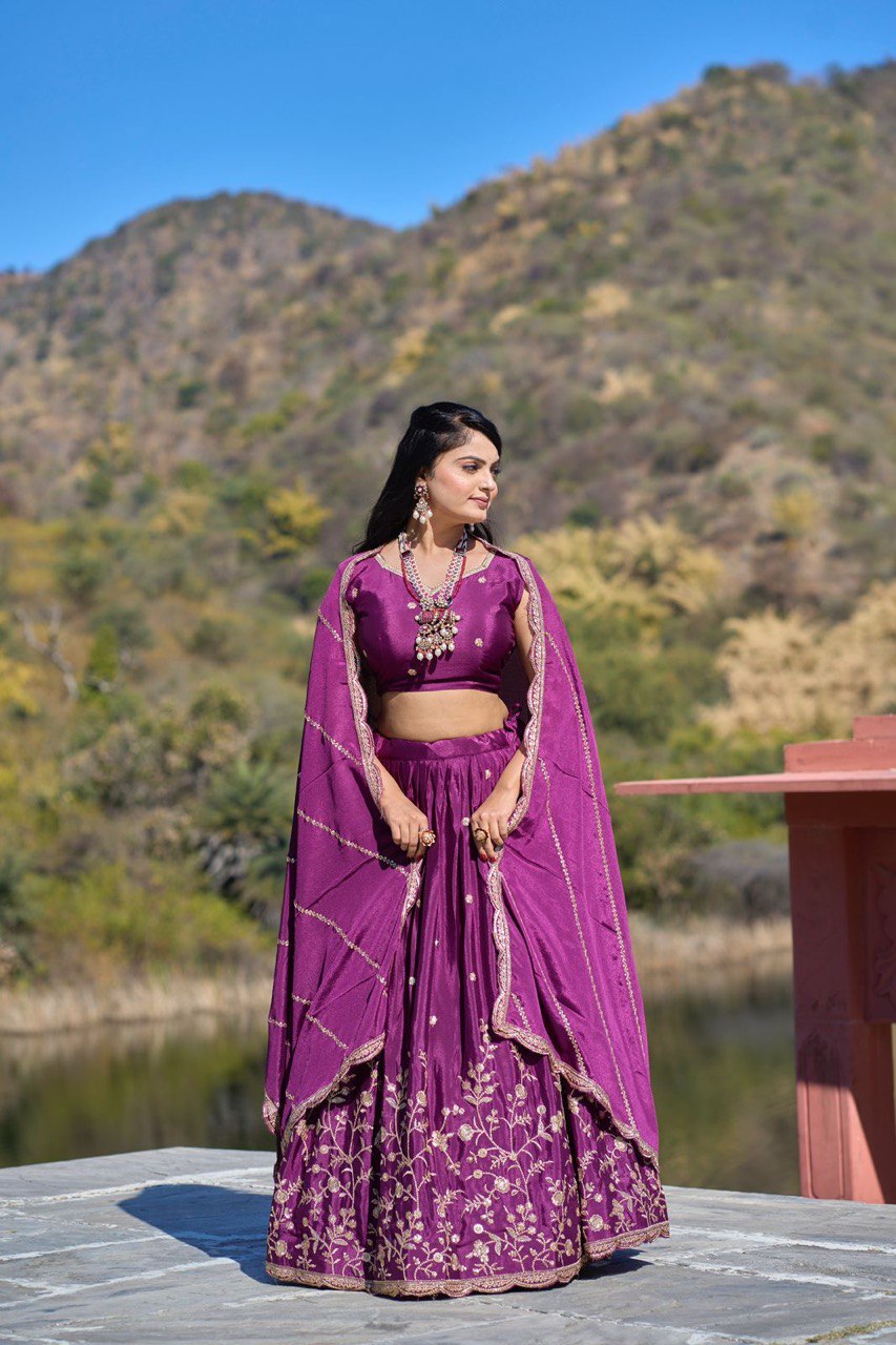 Women's embroidery thread and zari work Classical Embroidery heavy chinon fabric Lehenga Set