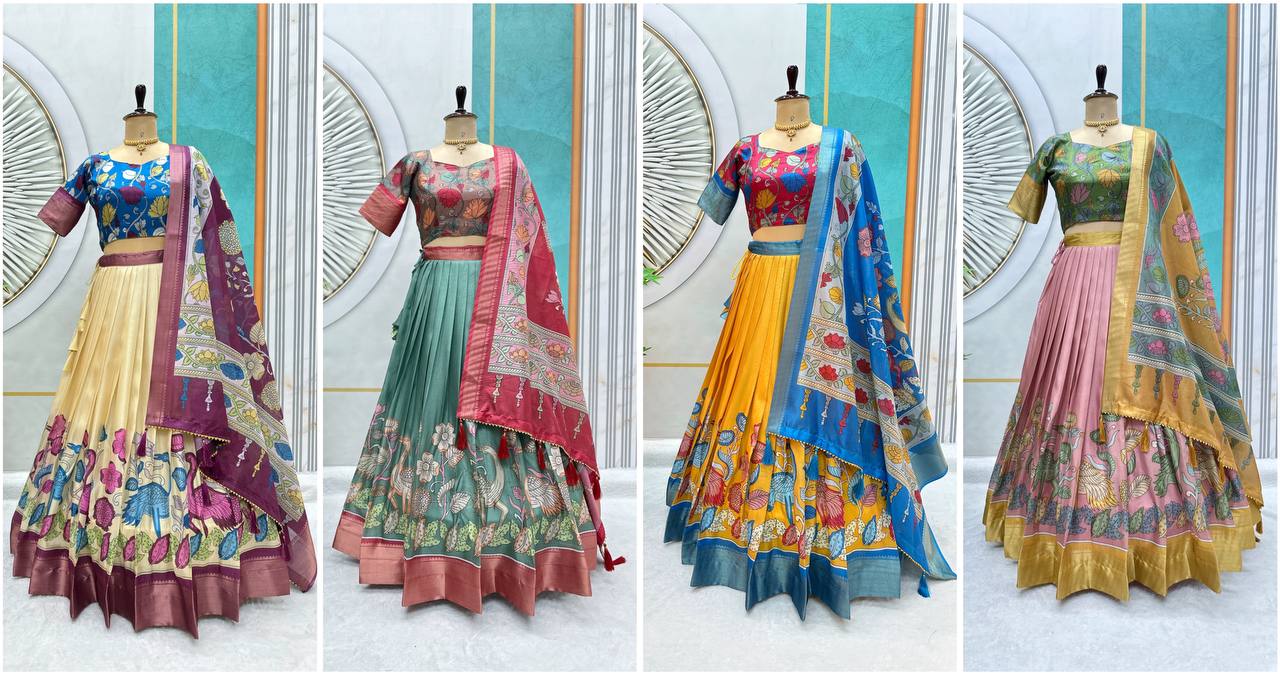 Dola Silk Lehenga Choli with Kalamkari Print & Designer Blouse