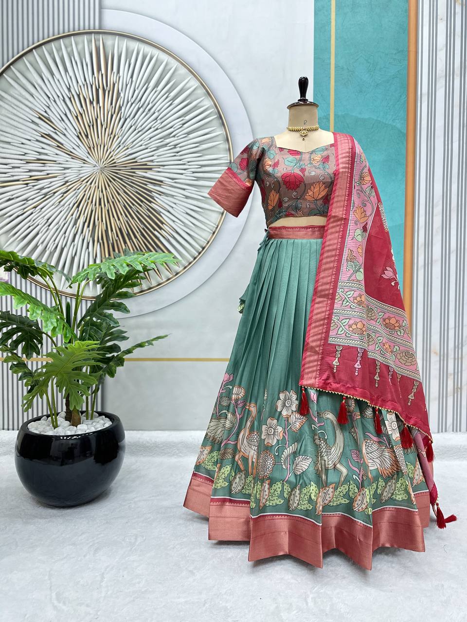 Dola Silk Lehenga Choli with Kalamkari Print & Designer Blouse