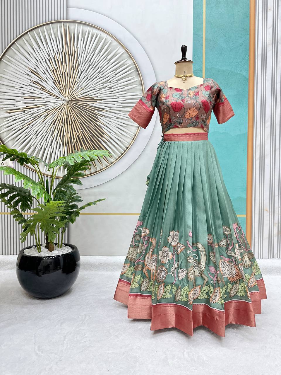 Dola Silk Lehenga Choli with Kalamkari Print & Designer Blouse